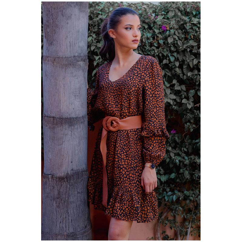 Robe courte à col ample en imprimée, manches longues avec volants, Collection Teracota, ANAE MOROCCO