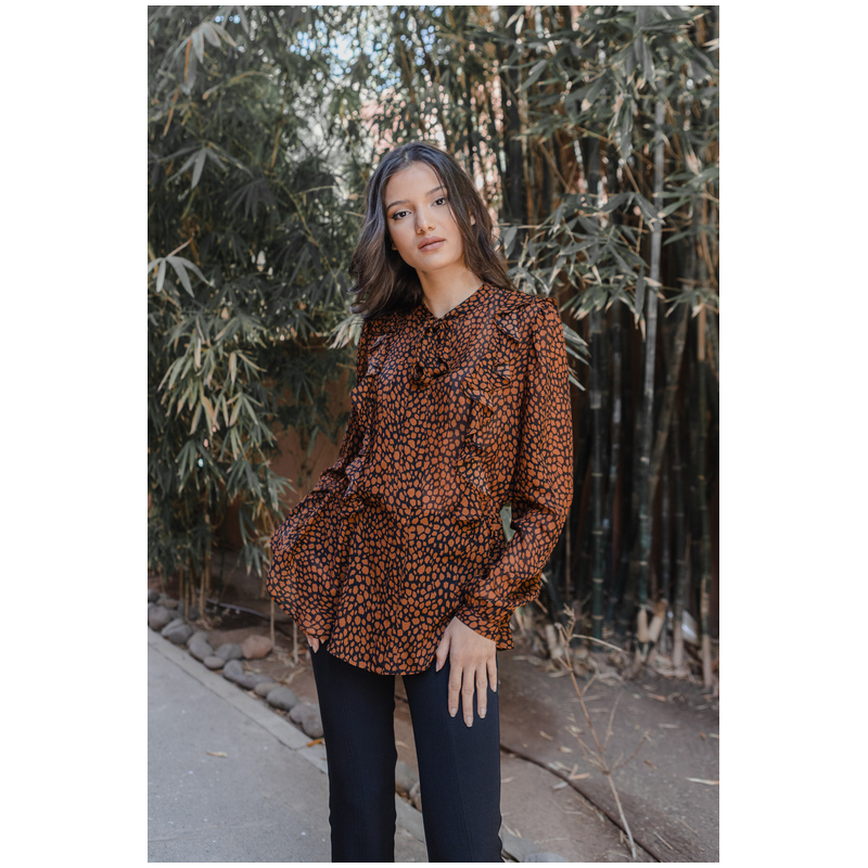 Blouse élégante avec manches bouffantes 3/4 en tulle à pois, style imprimé, Collection Teracota, ANAE MOROCCO