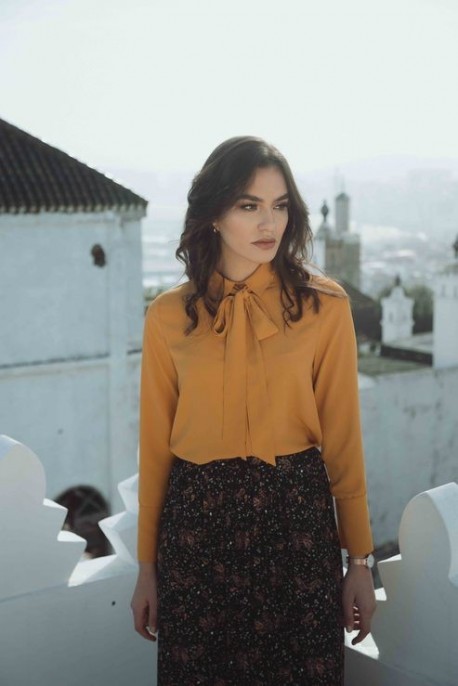 Chemise féminine en marron clair avec un col à nœud élégant.