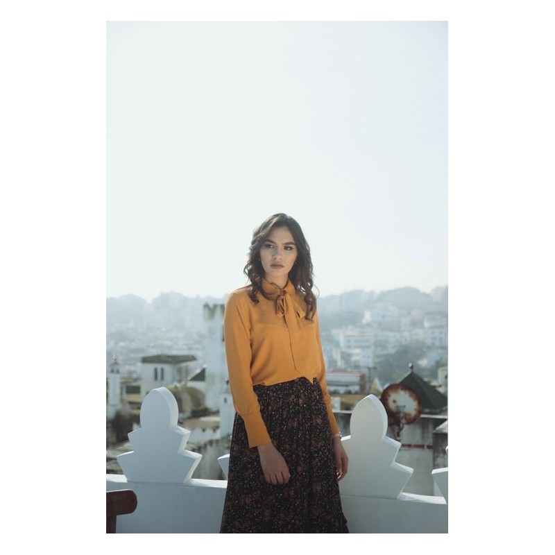 Chemise féminine en marron clair avec un col à nœud élégant.
