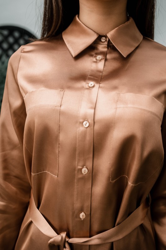 Détails de la chemise : Finition brillante et couleur marron.