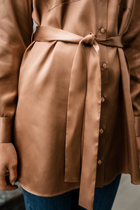 Détails de la chemise : Finition brillante et couleur marron.