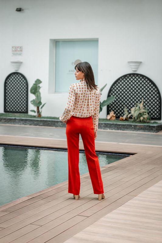 Détails du pantalon couleur brique pour femme, une option de couleur unique.