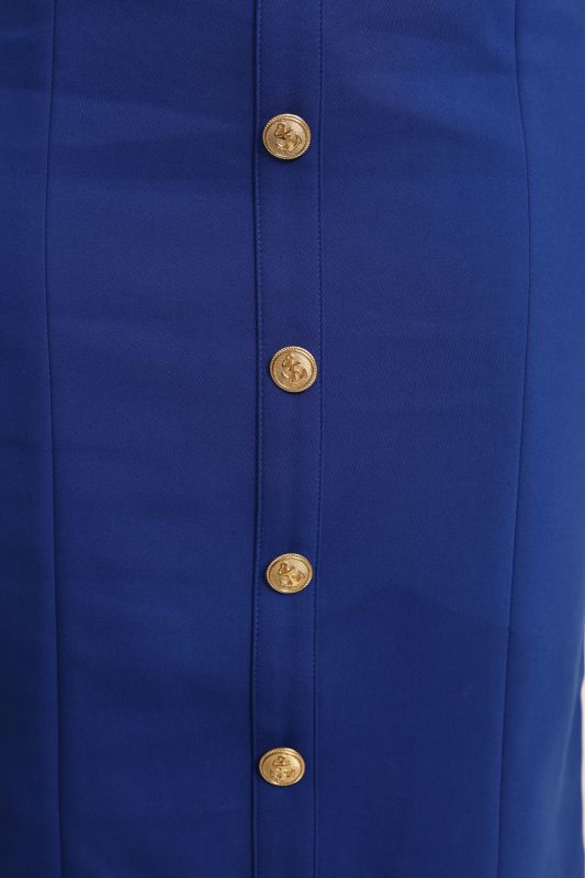 Détails de la jupe : Couleur bleue et boutons en or.