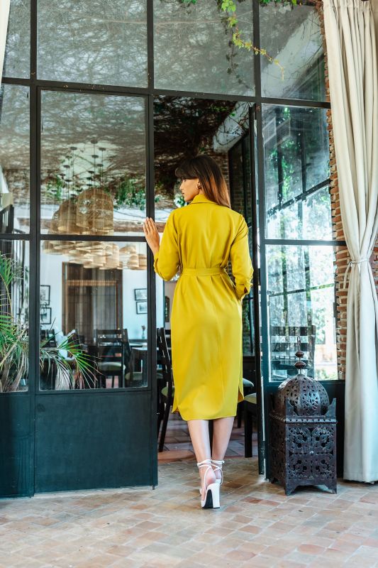 Vue arrière de la Robe Oasis jaune, mettant en valeur la ceinture - Automne.